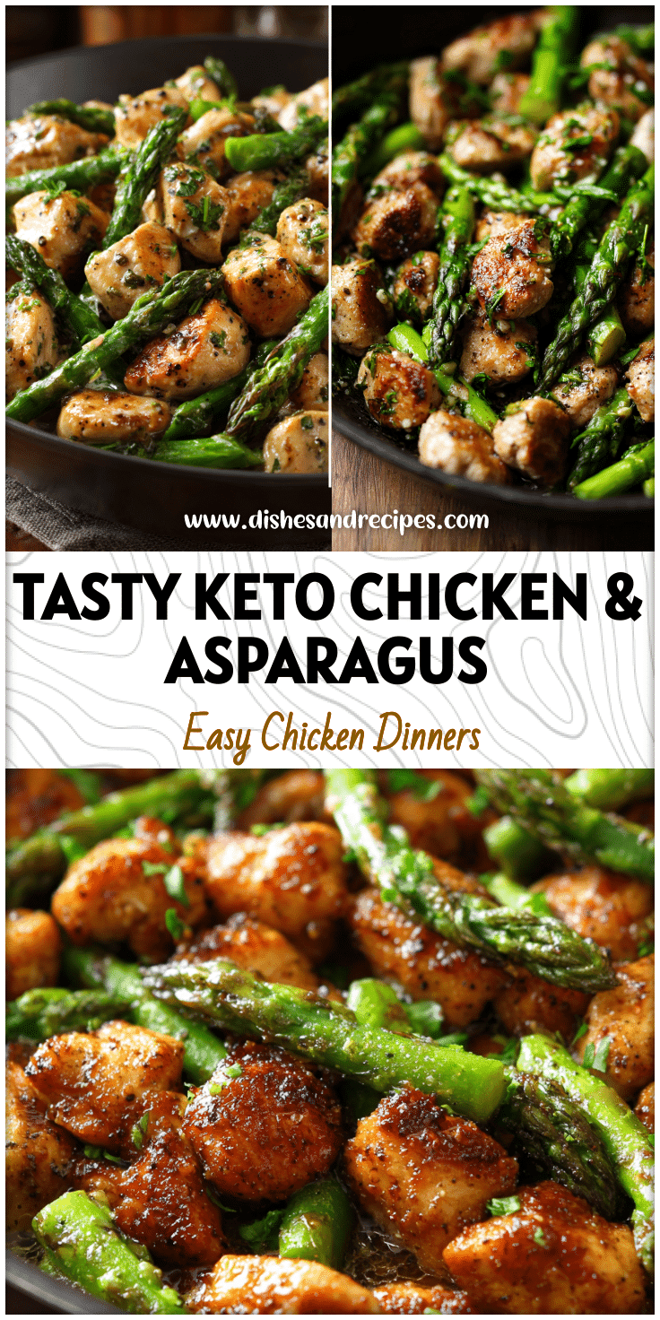 Skillet with keto garlic butter chicken bites and asparagus for a quick health dinner idea